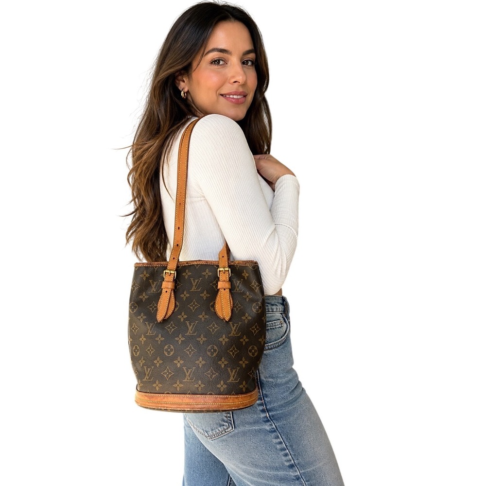 Authentic Louis Vuitton Monogram Petit Bucket PM bag in classic brown monogram